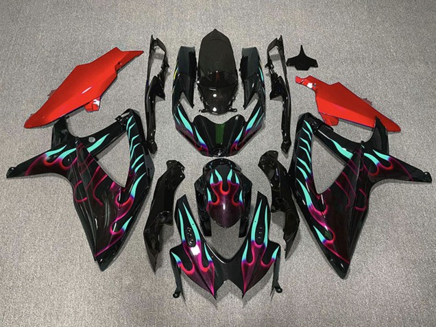 Purchase 2008-2010 Glossy Black Red Cyan Flame Suzuki GSXR 600 / GSXR 750 Motorcycle Fairings UK
