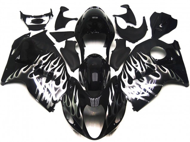 Purchase 1996-2007 Glossy Black with Silver Flame Suzuki GSXR 1300 Motorcycle Fairings UK