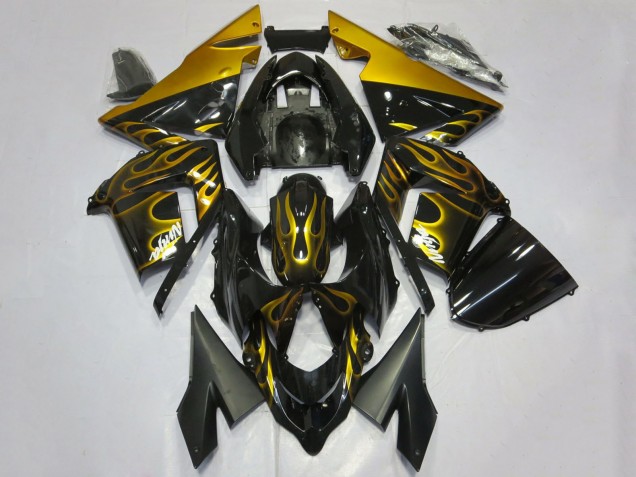 Purchase 2004-2005 Glossy Black Gold Flame Kawasaki ZX10R Motorcycle Fairings UK