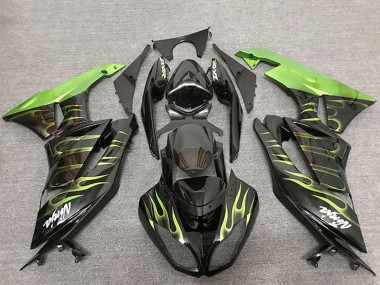 Purchase 2009-2012 Glossy Black Green Flame Kawasaki ZX6R Motorcycle Fairings UK