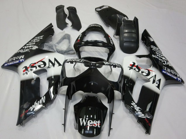 Purchase 2003-2004 Glossy Black White West Kawasaki ZX6R Motorcycle Fairings UK