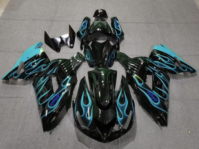 Purchase 2006-2011 Glossy Black Light Blue Flame Kawasaki ZX14R Motorcycle Fairings UK