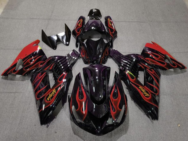 Purchase 2006-2011 Glossy Black Red Flame Gold Ninja Kawasaki ZX14R Motorcycle Fairings UK