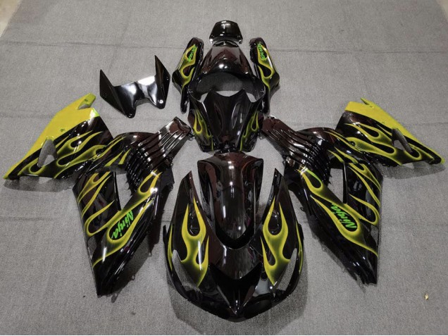 Purchase 2006-2011 Glossy Black Yellow Flame Kawasaki ZX14R Motorcycle Fairings UK