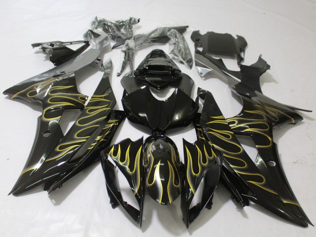 Purchase 2008-2016 Glossy Black Gold Flame Yamaha R6 Motorcycle Fairings UK