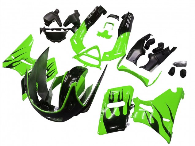 Purchase 1998-2003 Green with Black Flame Kawasaki ZZR600 Motorcycle Fairings UK
