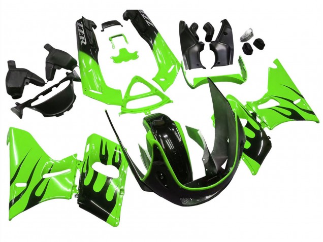 Purchase 1998-2003 Green with Black Flame Kawasaki ZZR600 Motorcycle Fairings UK