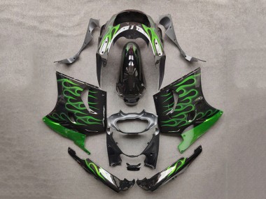 Purchase 1993-2003 Black with Green Flame Kawasaki ZZR1100 Motorcycle Fairings UK