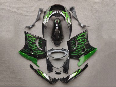 Purchase 1993-2003 Black with Green Flame Kawasaki ZZR1100 Motorcycle Fairings UK