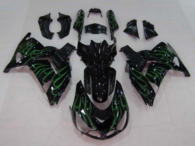 Purchase 2006-2011 Glossy Black Green Flame Kawasaki ZX14R ZZR1400 Motorcycle Fairing UK