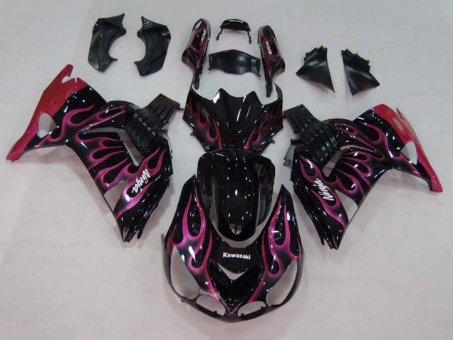 Purchase 2006-2011 Glossy Black Red Pink Flame Kawasaki ZX14R ZZR1400 Motorcycle Fairings UK