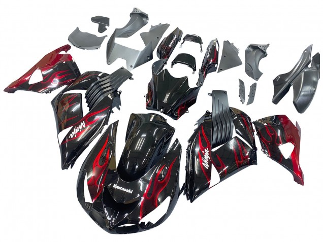 Purchase 2006-2011 Glossy Black Red Flame Kawasaki ZX14R ZZR1400 Motorcycle Fairing Kits UK