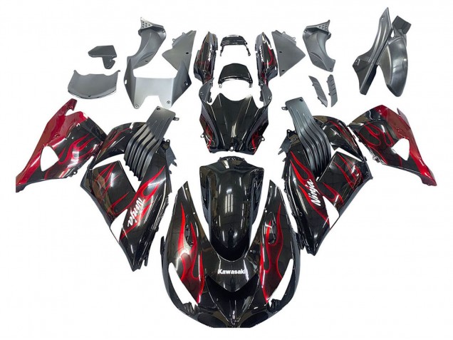Purchase 2006-2011 Glossy Black Red Flame Kawasaki ZX14R ZZR1400 Motorcycle Fairing Kits UK