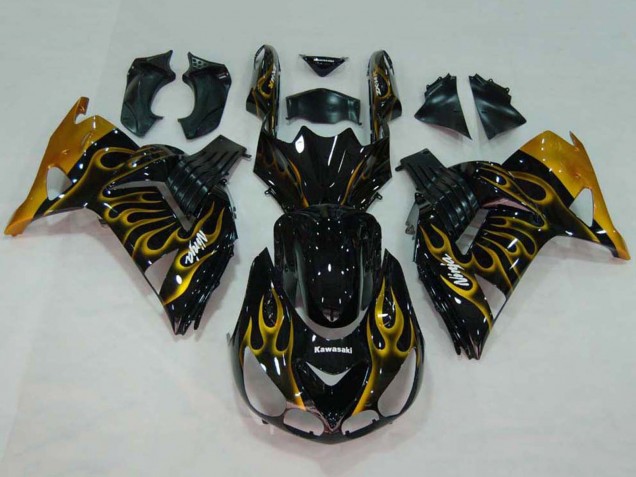 Purchase 2006-2011 Glossy Black Gold Flame Kawasaki ZX14R ZZR1400 Motorcycle Fairings UK