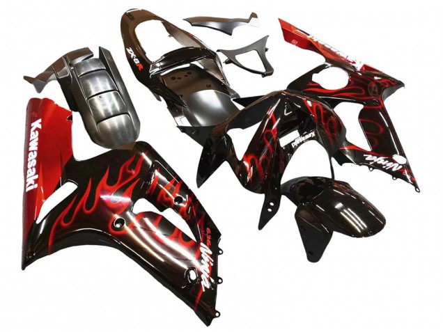 Purchase 2003-2004 Glossy Black Red Flame Kawasaki ZX6R Motorcycle Fairings UK
