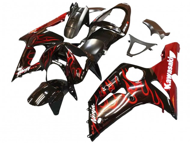 Purchase 2003-2004 Glossy Black Red Flame Kawasaki ZX6R Motorcycle Fairings UK