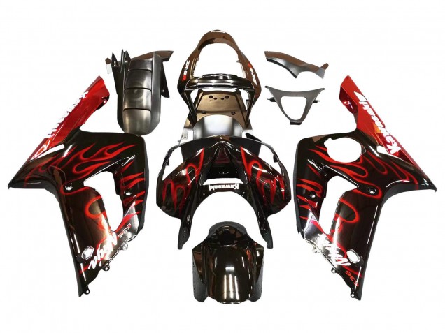 Purchase 2003-2004 Glossy Black Red Flame Kawasaki ZX6R Motorcycle Fairings UK