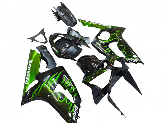 Purchase 2003-2004 Glossy Black Green Flame Kawasaki ZX6R Motorcycle Fairings UK