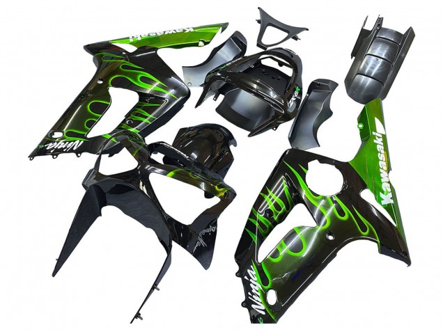 Purchase 2003-2004 Glossy Black Green Flame Kawasaki ZX6R Motorcycle Fairings UK