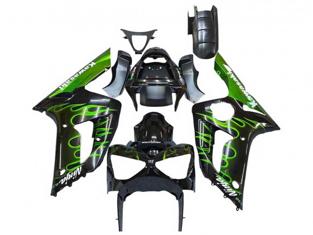 Purchase 2003-2004 Glossy Black Green Flame Kawasaki ZX6R Motorcycle Fairings UK