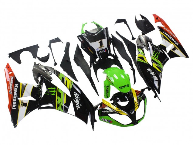 Purchase 2009-2012 Green Glossy Black Yellow White Red Elf Monster Kawasaki ZX6R Motorcycle Fairings UK