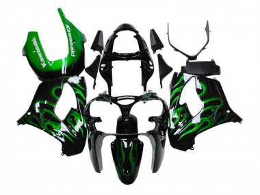 Purchase 2002-2003 Black White with Green Flame Kawasaki ZX9R Motorcycle Fairings UK