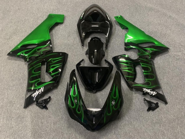 Purchase 2005-2006 Glossy Black Green Flame Kawasaki ZX6R Motorcycle Fairings UK