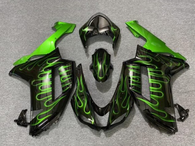 Purchase 2007-2008 Black Green Flame Kawasaki ZX6R Motorcycle Fairings UK