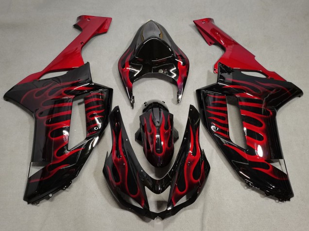 Purchase 2007-2008 Black Red Flame Kawasaki ZX6R Motorcycle Fairings UK