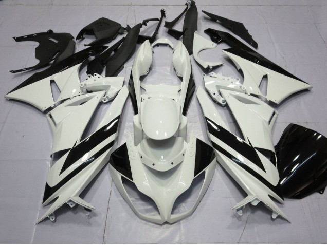 Purchase 2009-2012 White Glossy Black Stripe Kawasaki ZX6R Motorcycle Fairings UK