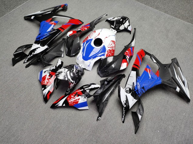 Purchase 2023-2024 Glossy White with Red & Blue with Carbon Fiber Style BMW S1000RR Motorcycle Fairings UK