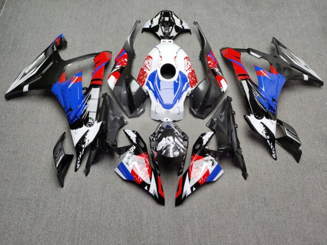 Purchase 2023-2024 Glossy White with Red & Blue with Carbon Fiber Style BMW S1000RR Motorcycle Fairings UK