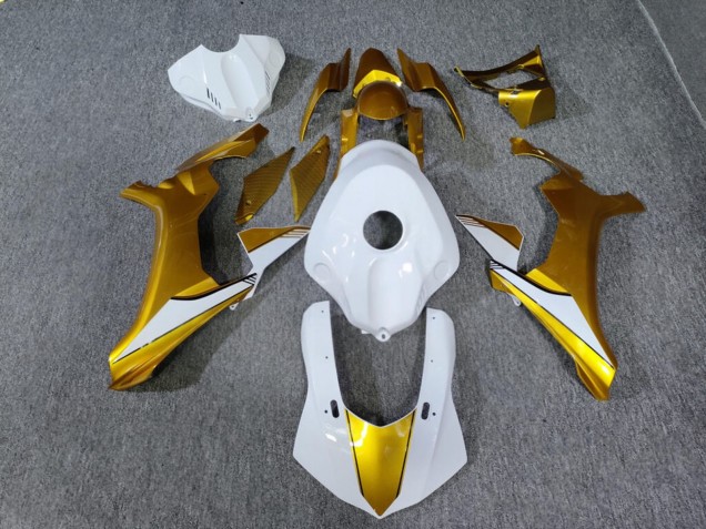 Purchase 2015-2019 Glossy Gold Carbon Fiber Style White Yamaha R1 Motorcycle Fairings UK