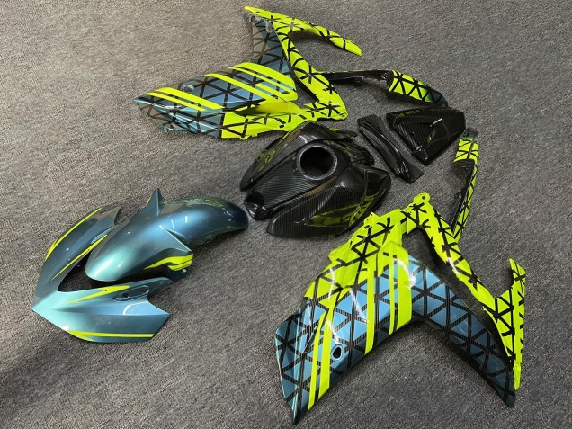 Purchase 2015-2018 Glossy Carbon Fiber Style with Teal & High Vis Yellow Pattern Yamaha R3/R25 Motorcycle Fairings UK