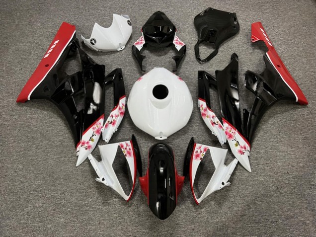 Purchase 2006-2007 Glossy White & Black with Red Cherry Blossom Copy Yamaha R6 Motorcycle Fairings UK