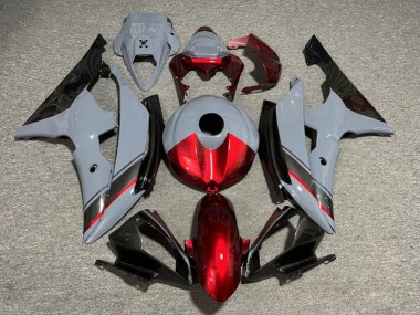 Purchase 2008-2016 Glossy Nardo Grey & Candy Red with Carbon Fiber Style Yamaha R6 Motorcycle Fairings UK