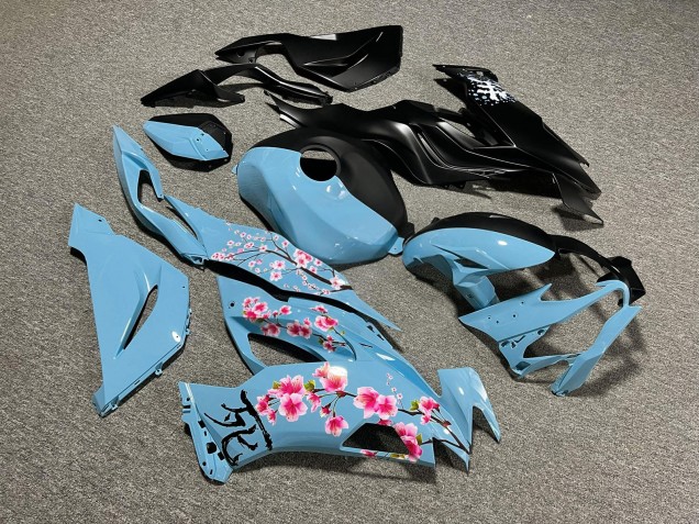 Purchase 2019-2022 Matte Black & Glossy Baby Blue with Pink Cherry Blossom Split Kawasaki ZX6R Motorcycle Fairings UK