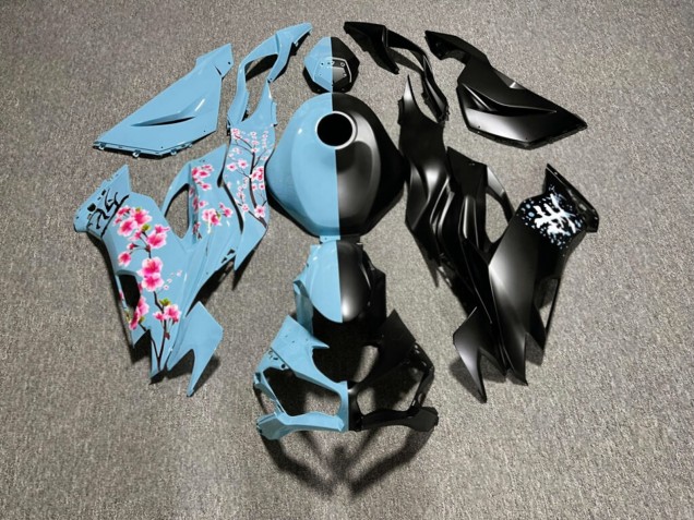 Purchase 2019-2022 Matte Black & Glossy Baby Blue with Pink Cherry Blossom Split Kawasaki ZX6R Motorcycle Fairings UK