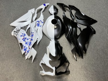 Purchase 2019-2022 Matte Black White with Blue Cherry Blossom Split Kawasaki ZX6R Motorcycle Fairings UK