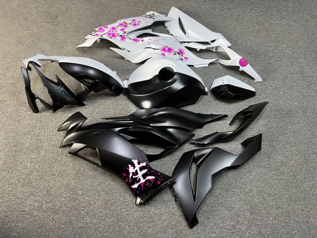 Purchase 2019-2022 Matte Black White with Pink Cherry Blossom Split Kawasaki ZX6R Motorcycle Fairings UK
