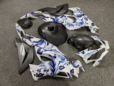 Purchase 2019-2022 Glossy Pearl White with Blue Flowers & Carbon Fiber Style Kawasaki ZX6R Motorcycle Fairings UK
