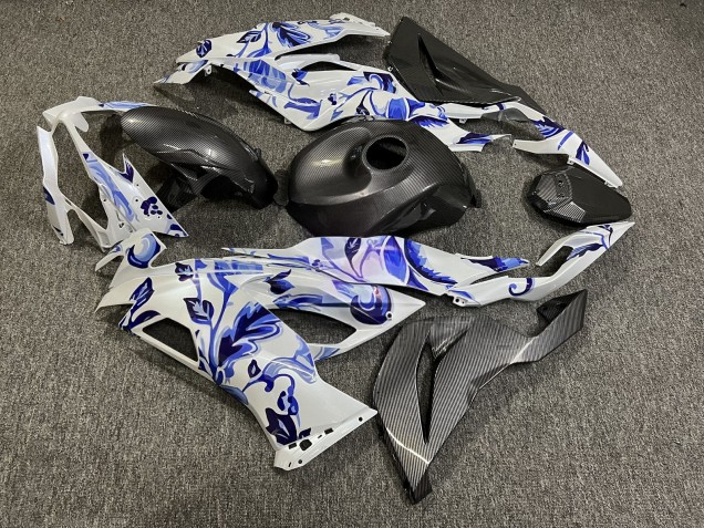 Purchase 2019-2022 Glossy Pearl White with Blue Flowers & Carbon Fiber Style Kawasaki ZX6R Motorcycle Fairings UK