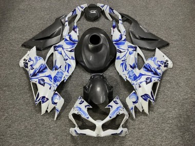 Purchase 2019-2022 Glossy Pearl White with Blue Flowers & Carbon Fiber Style Kawasaki ZX6R Motorcycle Fairings UK