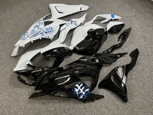 Purchase 2023-2026 Glossy Black & White with Blue Cherry Blossom Split Kawasaki ZX6R Motorcycle Fairings UK