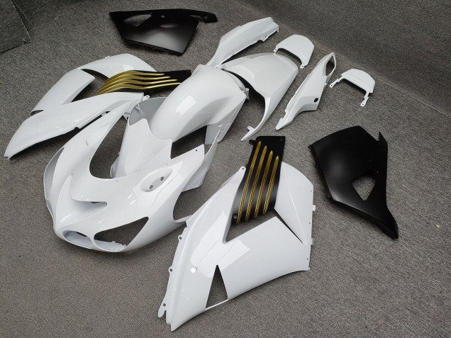 Purchase 2006-2011 Glossy White & Matte Black with Gold Kawasaki ZX14R ZZR1400 Motorcycle Fairings UK