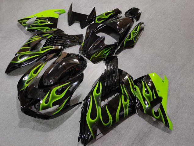 Purchase 2006-2011 Glossy Black Light Green Flame Kawasaki ZX14R ZZR1400 Motorcycle Fairings UK