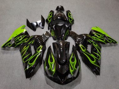 Purchase 2006-2011 Glossy Black Light Green Flame Kawasaki ZX14R ZZR1400 Motorcycle Fairings UK