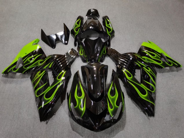 Purchase 2006-2011 Glossy Black Light Green Flame Kawasaki ZX14R ZZR1400 Motorcycle Fairings UK
