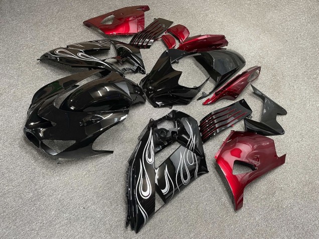 Purchase 2006-2011 Glossy Black Red White Flame Kawasaki ZX14R ZZR1400 Motorcycle Fairings UK