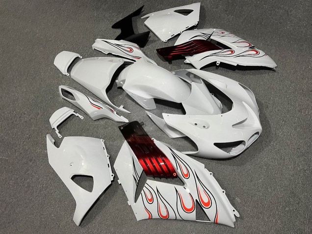 Purchase 2006-2011 Glossy White Black Red Flame Kawasaki ZX14R ZZR1400 Motorcycle Fairings UK